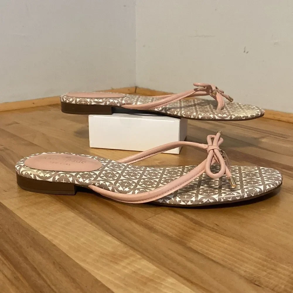 Kate Spade Taupe & Blush Pretty Bow Leather Slide On Flip Flop Sandals Size 9.5